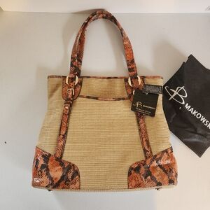 B Makowsky Leather Snake Large Shoulder Mansfield Tote Handbag Woven Purse New